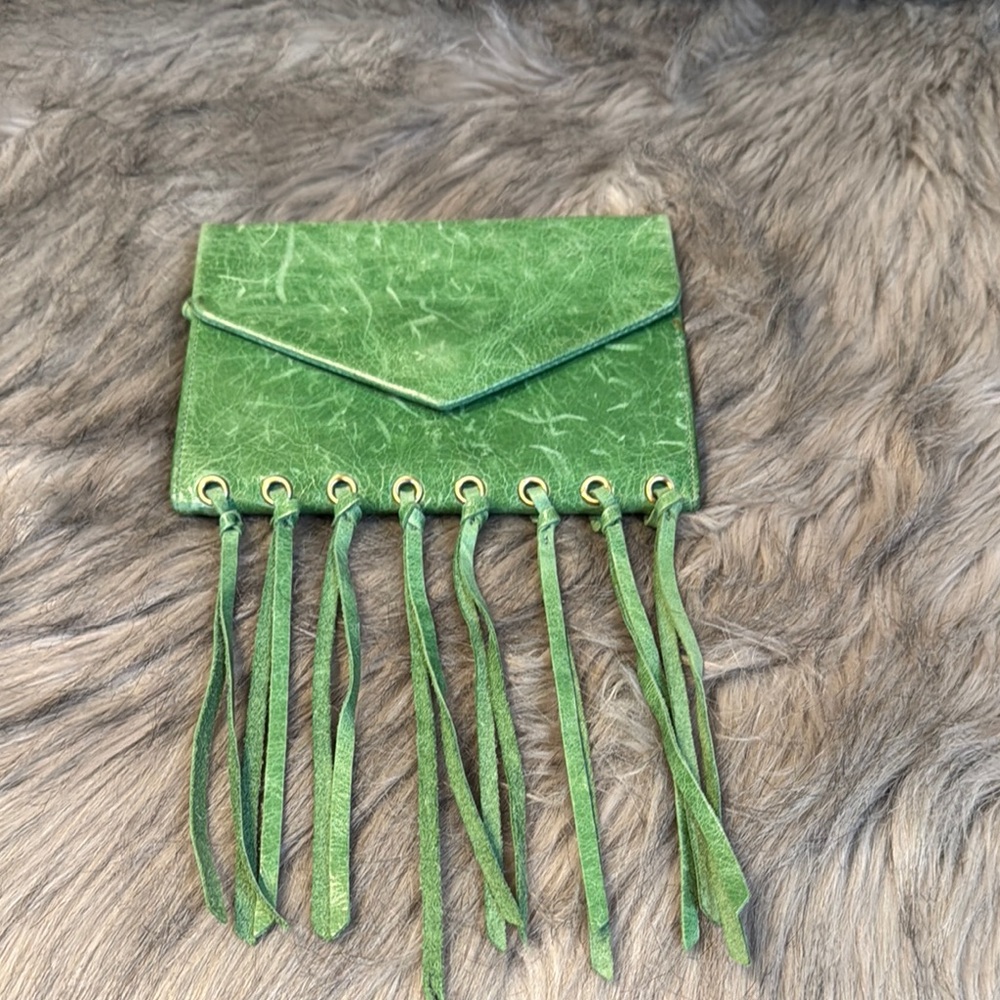 HOBO Green Leather Fringe Envelope Clutch